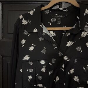 Long Tall Sally Top Size 16 Black / White Rose Floral Button-Up Sheer Classy